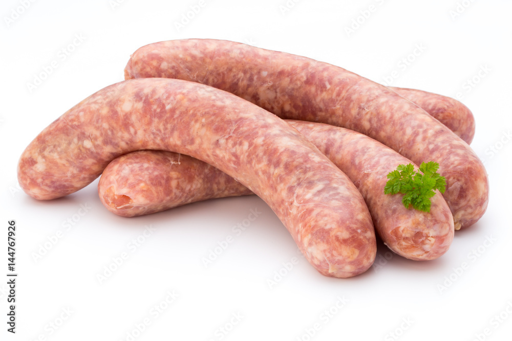 Raw sausage with parsley leaf isolated on white background. Raw sausage with parsley leaf isolated on white background.