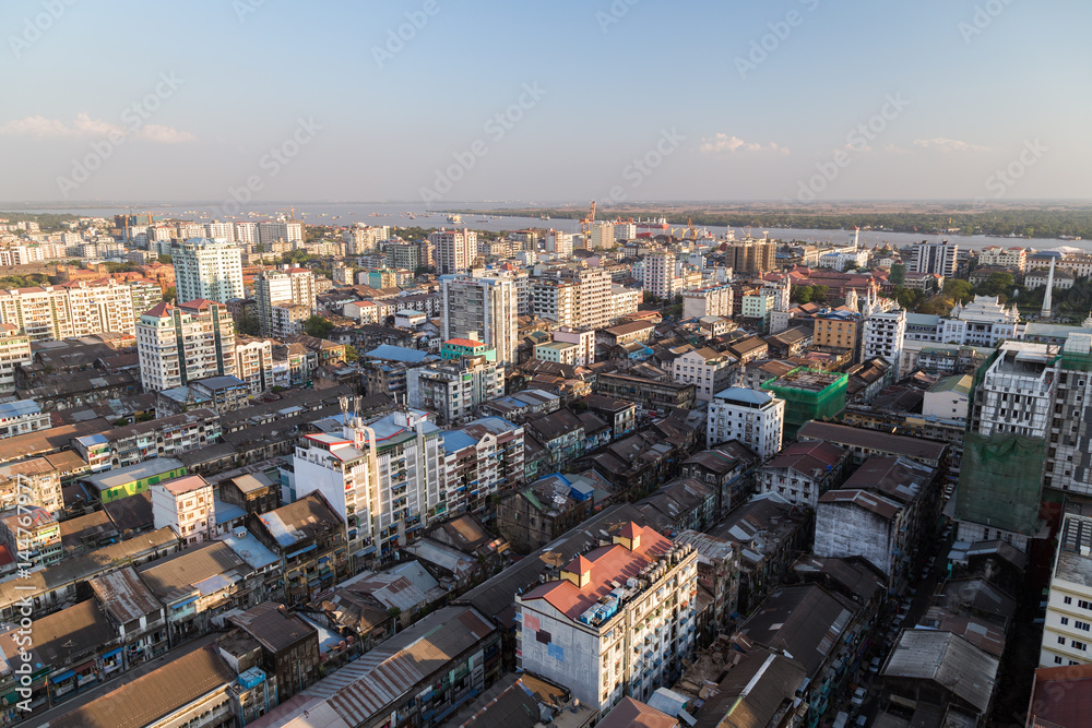 Obraz premium Downtown in Yangon (Rangoon), Myanmar (Burma) viewed from above in daylight.