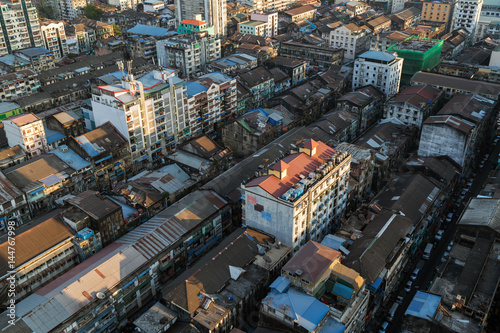 Buildings at the downtown in Yangon (Rangoon), Myanmar (Burma) viewed from above in daylight.