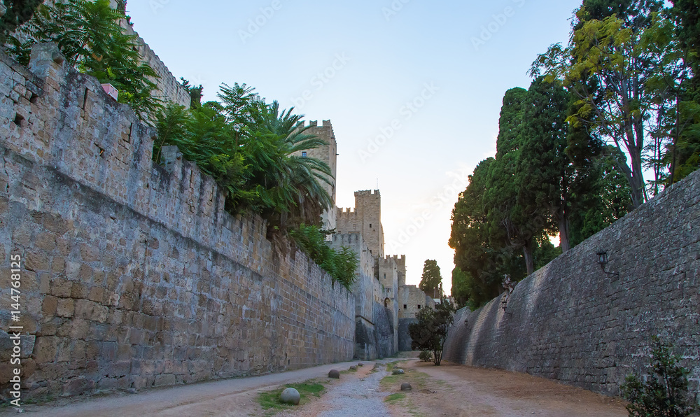Medieval castle in old town of Rhodes. fortifications and protection of the ancient fortress of Rhodes