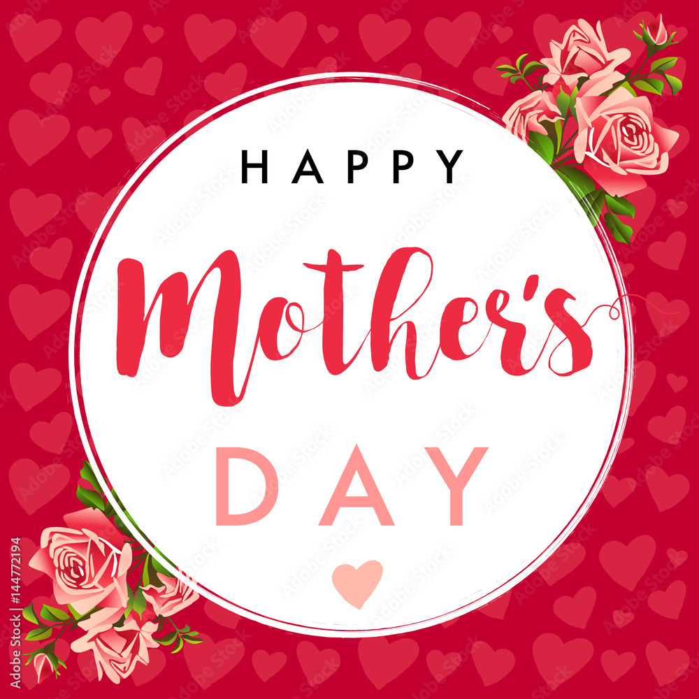 Happy Mother`s Day calligraphy ros banner. Vector festive holiday Illustration with lettering Happy Mother`s Day and rose on pink hearts background Happy Mother`s Day calligraphy ros banner. Vector festive holiday Illustration with lettering Happy Mother`s Day and rose on pink hearts background