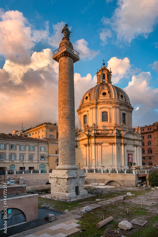 Trajan's Column and Santa Maria di Loreto Church in the Evening, Rome, Italy