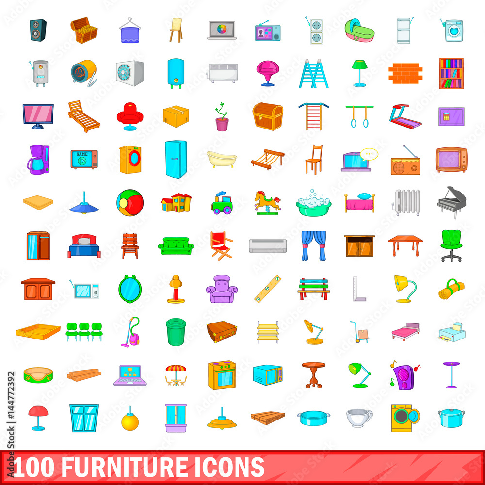 100 furniture icons set, cartoon style