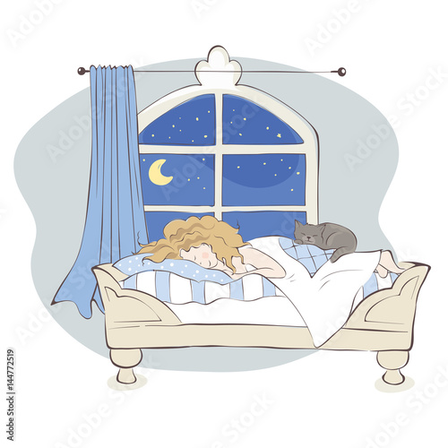 Sweet dreams / Girl sleeping with cat on the bed, vector illustration