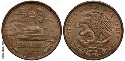 Mexico Mexican coin 20 twenty centavos 1963, Liberty cap with rays divides value, Pyramid of the Sun in Teotihuacan, cactuses at sides, Ixtaccihuatl and Popocatepetl in background, eagle on cactus cat photo