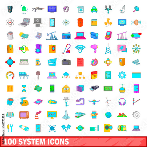 100 system icons set, cartoon style