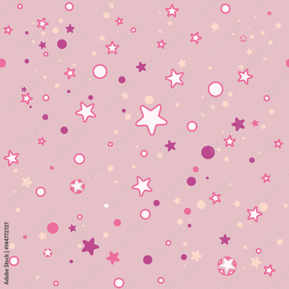 Seamless pink background for girls. Tinsel shaped star and circle. 