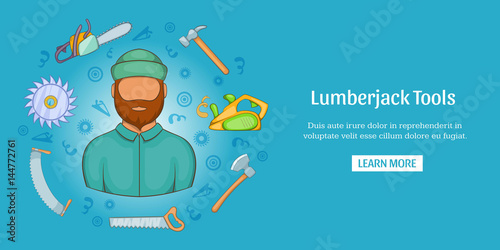 Lumberjack tools banner horizontal, cartoon style