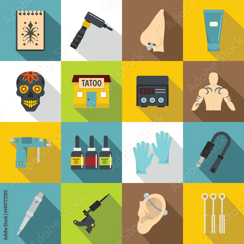 Tattoo parlor icons set, flat style