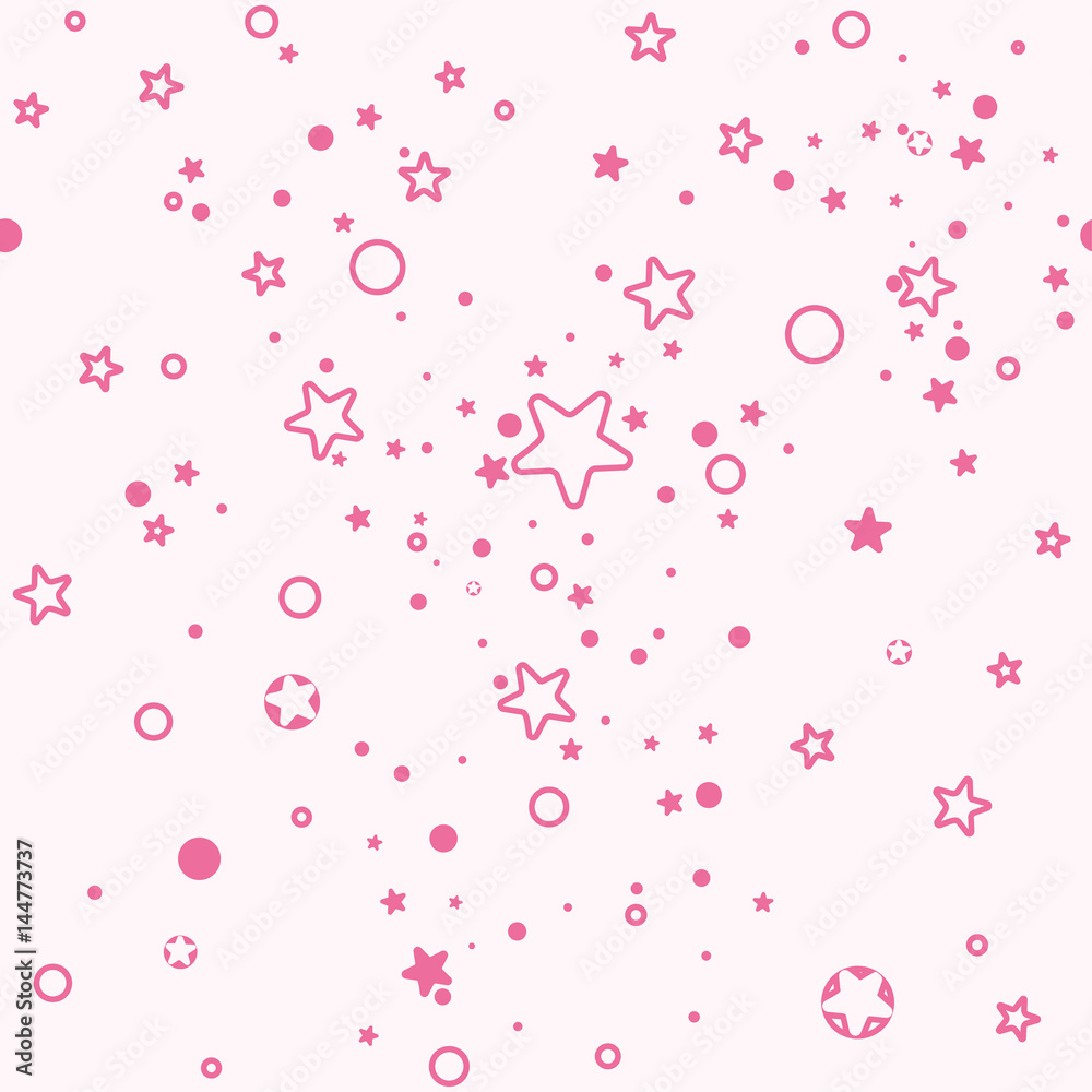 Seamless pattern of tinsel shape of star and circle. Pink background for girls-princesses.