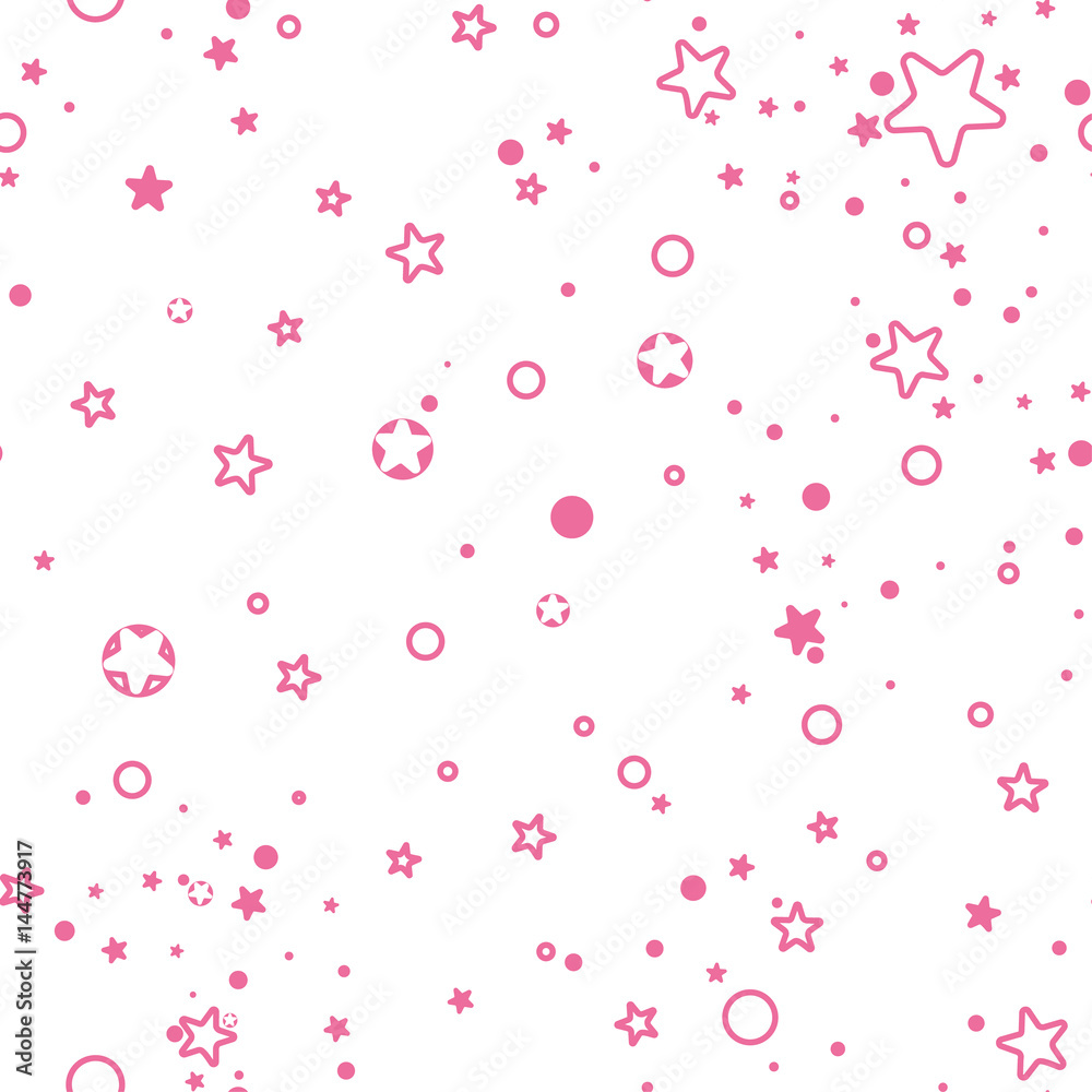 Seamless pattern of pink stars and circles. 