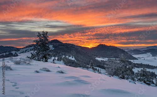 Poland landscape, sunrise in Pieniny mountains seen from Wysoki Wierch