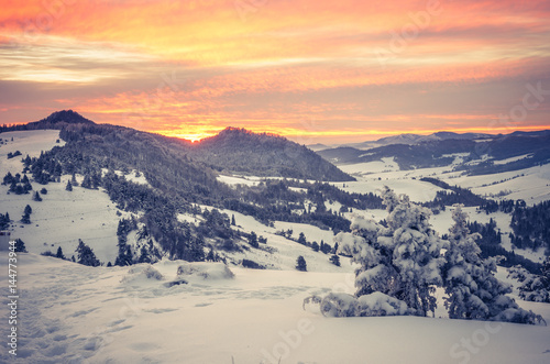 Poland landscape, sunrise in Pieniny mountains seen from Wysoki Wierch © tomeyk