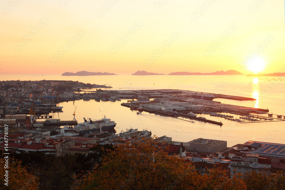 beautiful golden sunset in Vigo city in Spain,  the longest city of Galicia