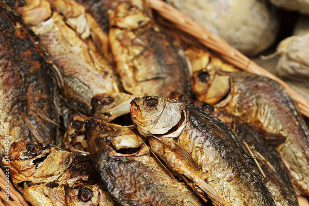 Dried, smoked, small fish used in Asian cuisine. Cooked sprat fish