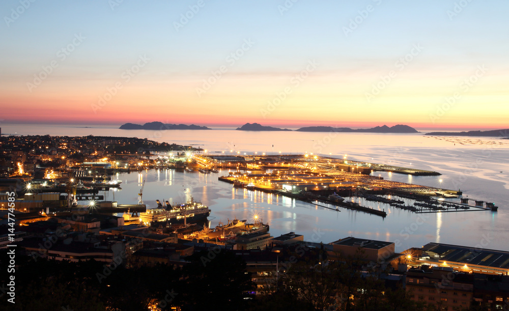 view of Vigo city in Galicia Spain at sunset