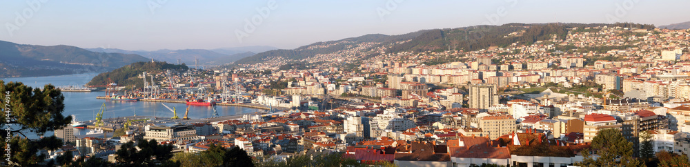 panoramic of Vigo city the largest city of Galicia, Spain at sunset