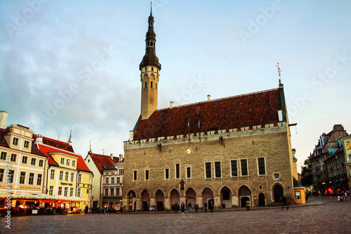 Tallinn, Estonia. Old buildings, restaurants and cafes of the Town Hall