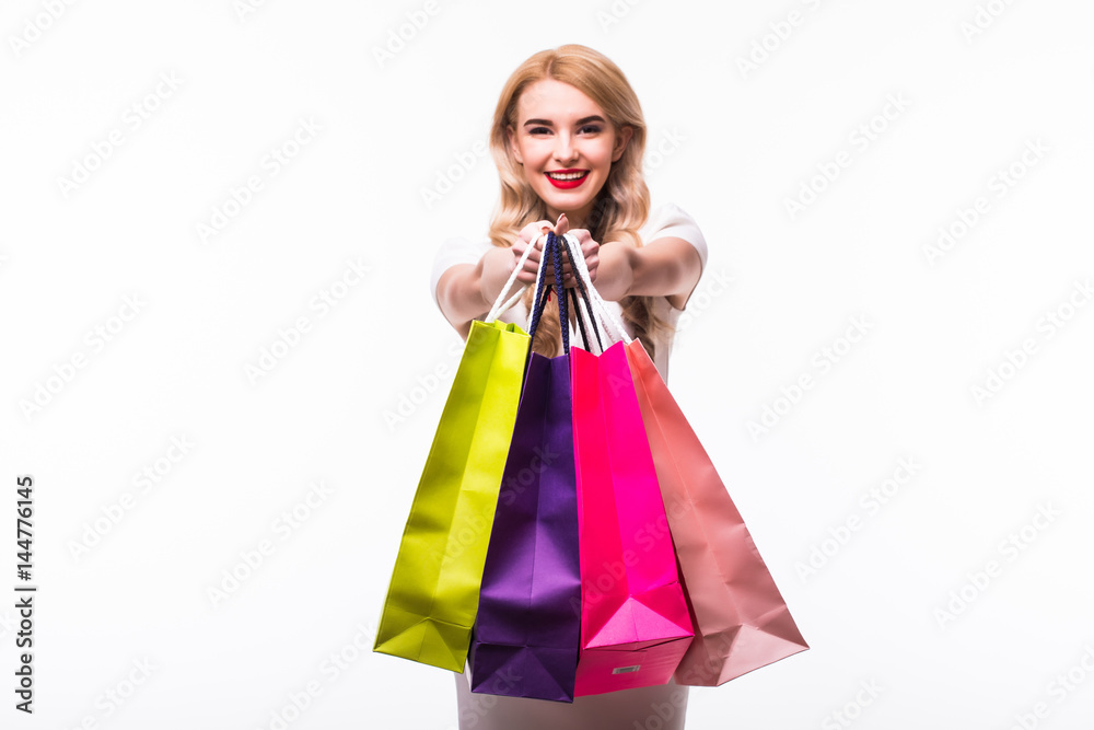 woman with shopping bags on white background