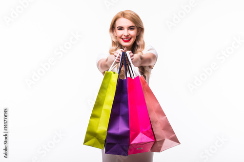 woman with shopping bags on white background