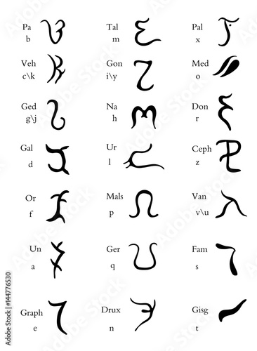 Set of  hand drawn enochian magical alphabet, artificial language symbols.