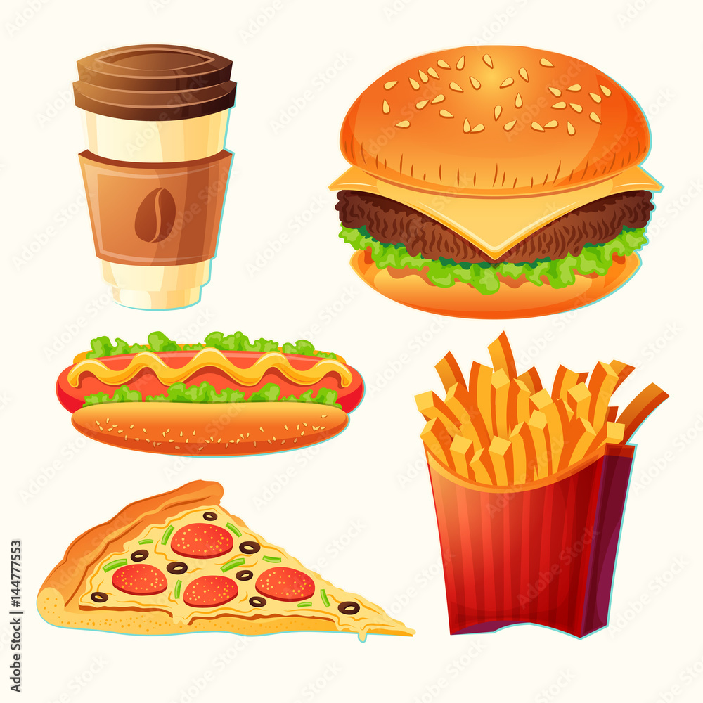 Set of vector cartoon fast food icons - hamburger, hot dog, pizza ...