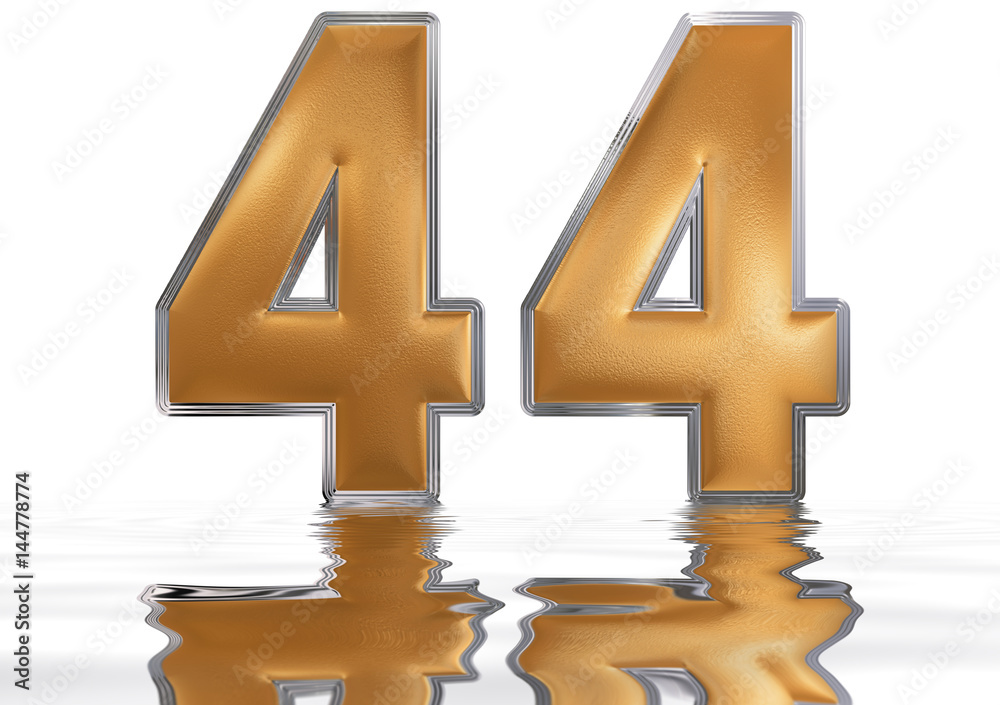 Obraz premium Numeral 44, forty four, reflected on the water surface, isolated on white, 3d render