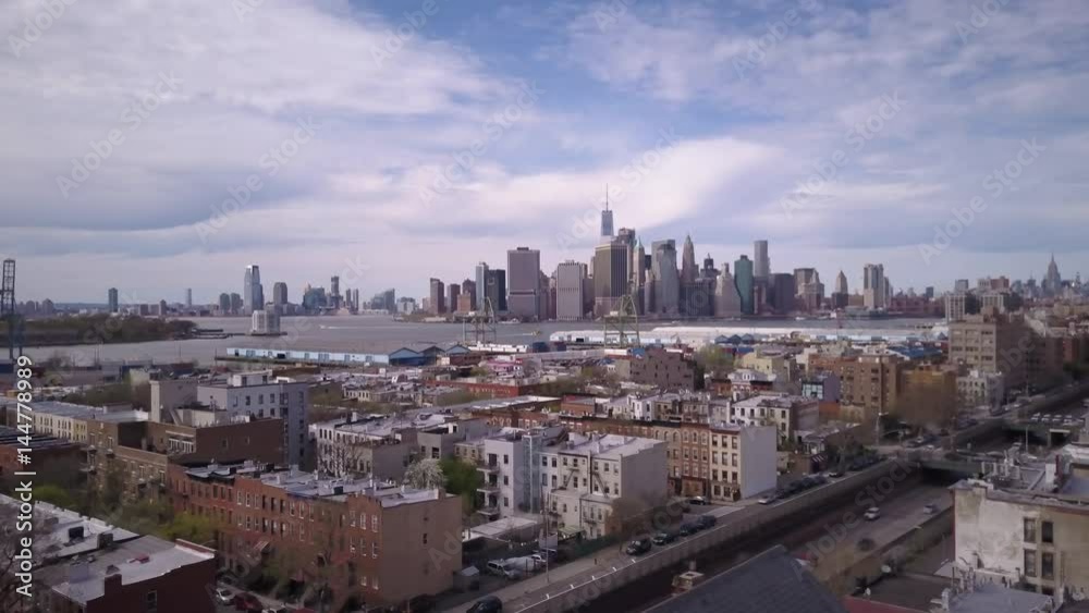 alt sunny flying backward from Manhattan skyline revealing Brooklyn church alt sunny flying backward from Manhattan skyline revealing Brooklyn church