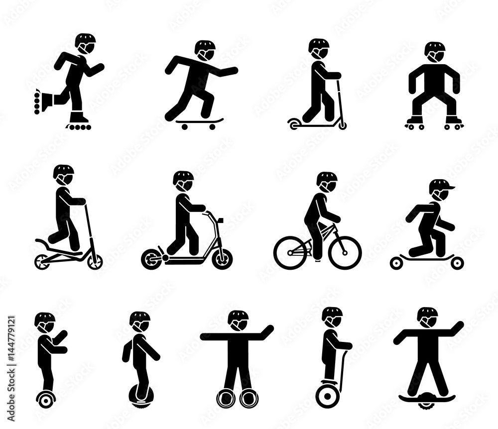 Modern city transportation. Set of pictograms representing people riding various types of bicycles, rollers, skates and modern electrical vehicles. Modern city transportation. Set of pictograms representing people riding various types of bicycles, rollers, skates and modern electrical vehicles.
