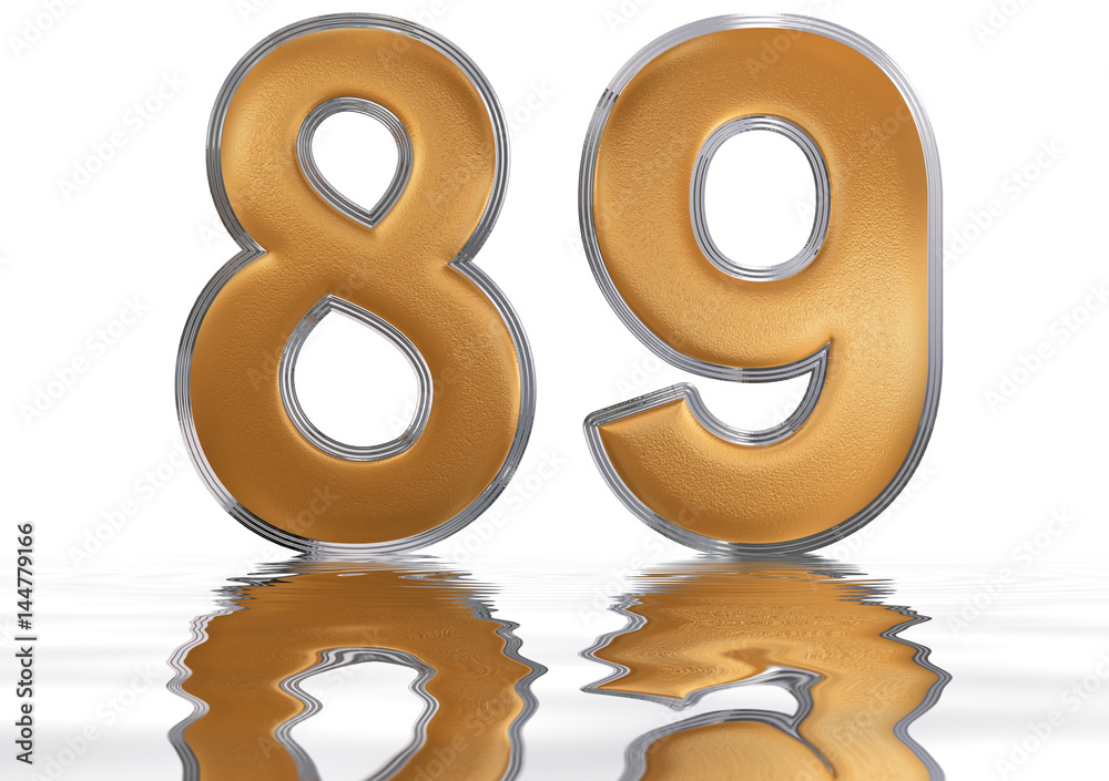 Numeral 89, eighty nine, reflected on the water surface, isolated on white, 3d render Numeral 89, eighty nine, reflected on the water surface, isolated on white, 3d render