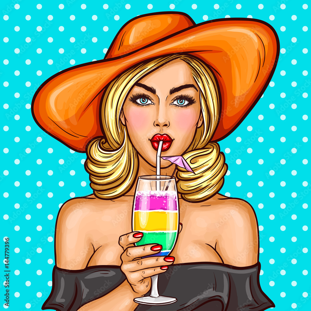 Vector illustration of a sexy pop art girl in a wide-brimmed hat holding a  cocktail in her hand and drinks through a straw vector de Stock | Adobe  Stock