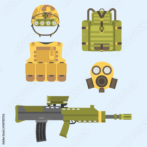 Military weapon guns armor forces american fighter ammunition camouflage sign vector illustration.