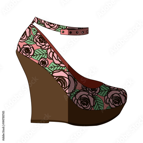 colorful silhouette of high heel platform shoe with floral decoration and middle shadow vector illustration