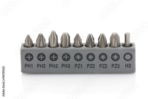 Set of screw terminals in gray container isolated on white background