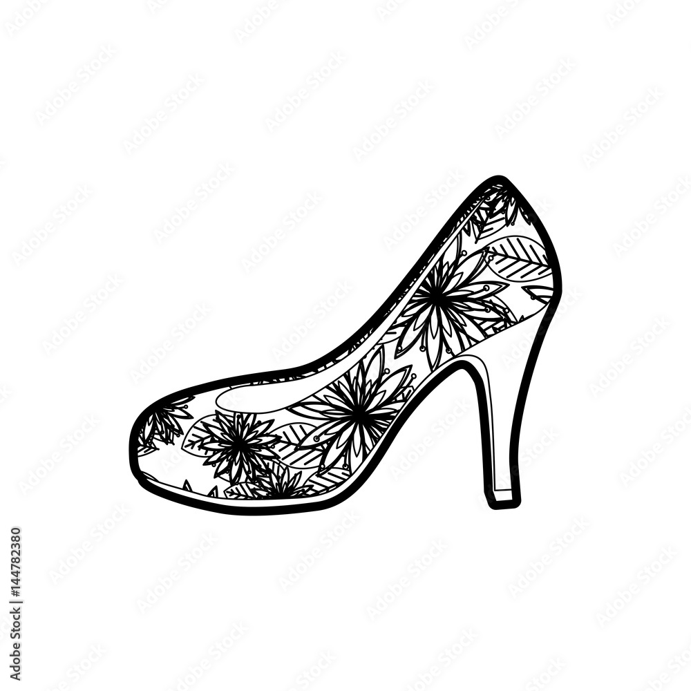 Obraz premium black thick contour of high heel shoe with floral decoration vector illustration