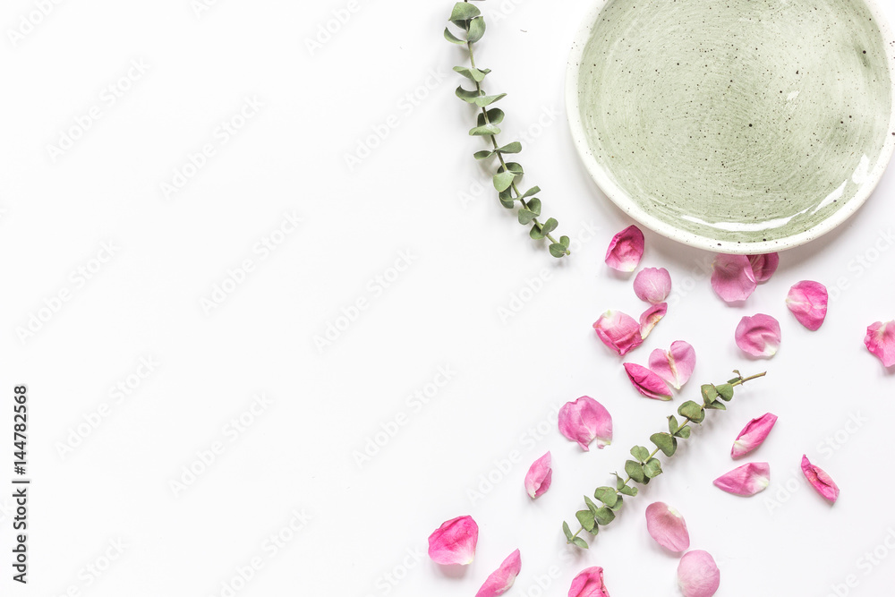 spring floral design with rose petals in soft light top view mock-up spring floral design with rose petals in soft light top view mock-up