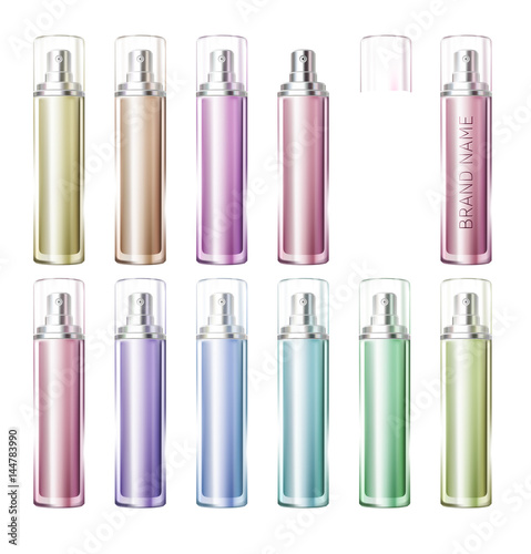 Vector 3D illustration poster with moisturizing cosmetic premium products, pink background with beautiful spray bottle and watery texture