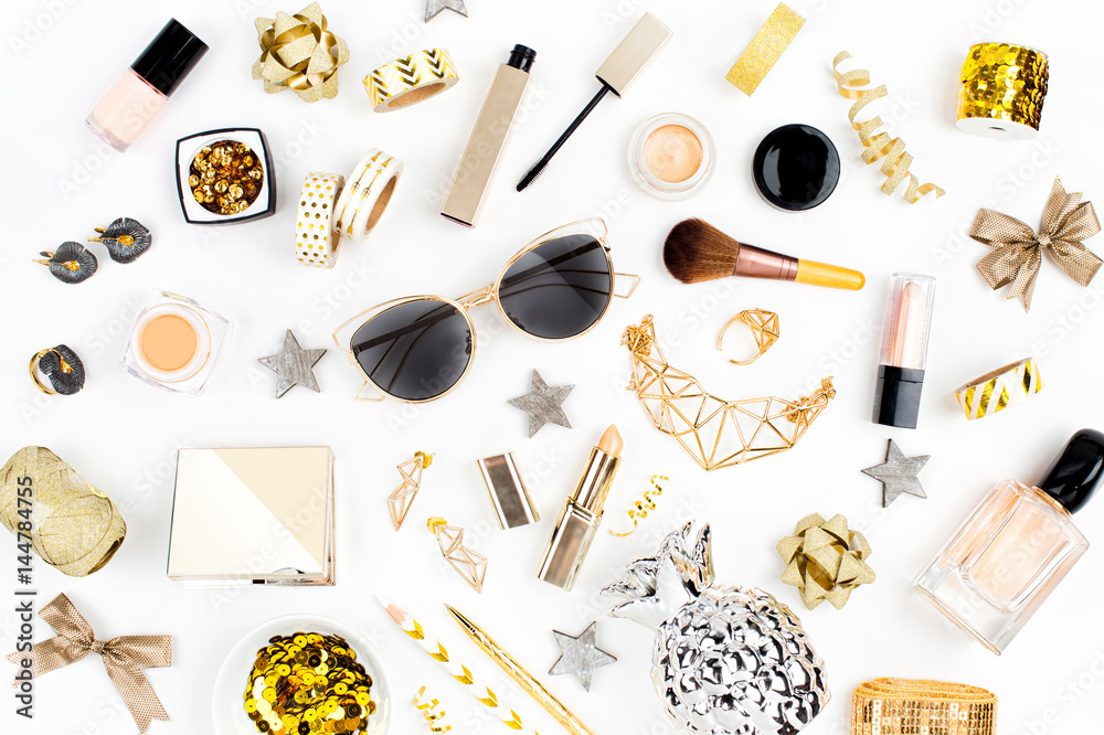 Cosmetics collage with lipstick, brush and other accessories on white ...