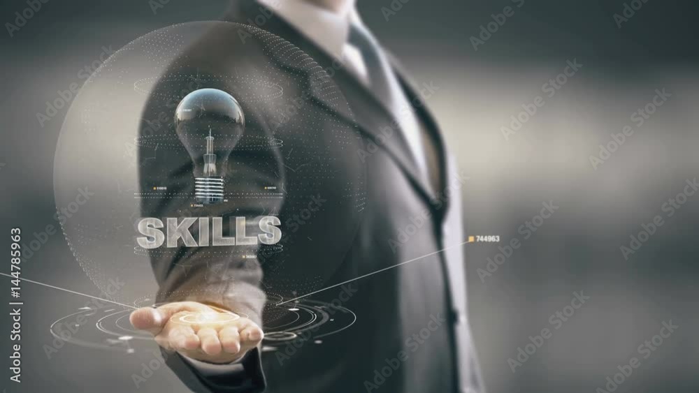 Skills with bulb hologram businessman concept Skills with bulb hologram businessman concept