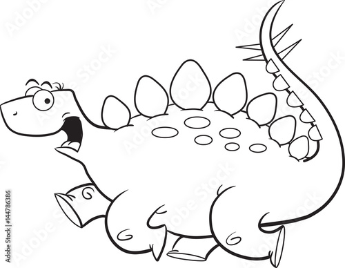 Black and white illustration of a running stegosaurus.