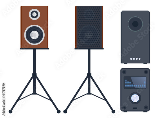 Home sound system stereo flat vector music loudspeakers player subwoofer equipment technology.