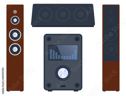 Home sound system stereo flat vector music loudspeakers player subwoofer equipment technology.
