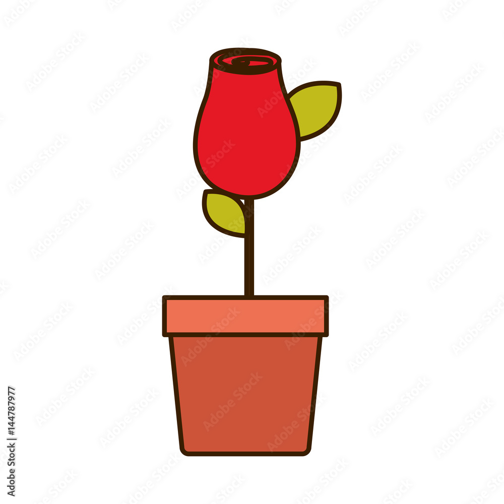 colorful drawing red rosebud with leaves and stem in flowerpot vector illustration