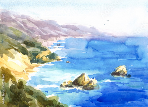 Watercolor California Coast Seascape Scenic Blue Ocean Shore Hand Painted Illustration