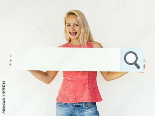 Woman Hold Search Box Magnifying Glass photo