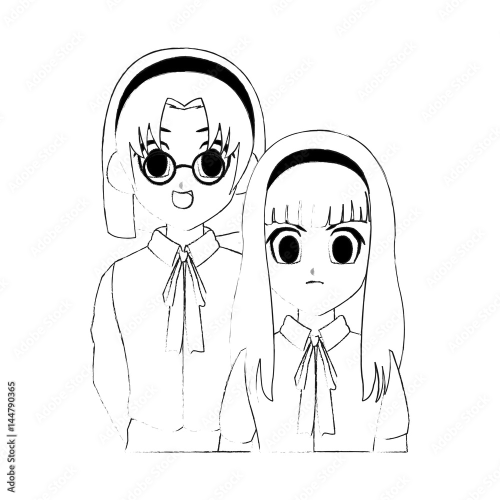 cute young school girls anime or manga icon image vector illustration design 