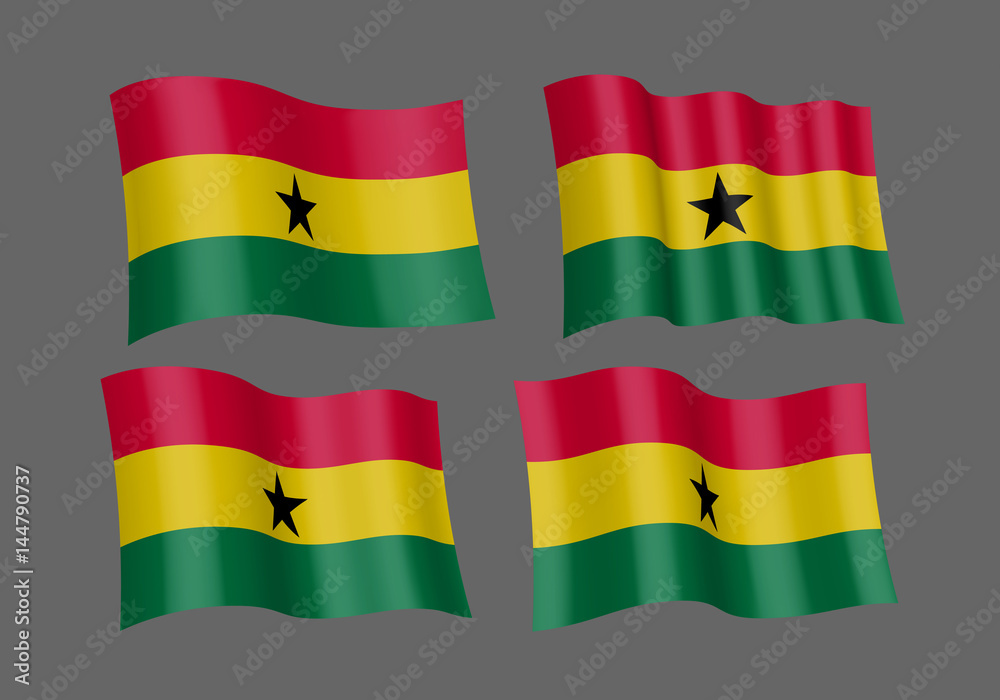 Obraz premium Ghana vector flags set. 5 wavy 3D cloth pennants fluttering on the wind. EPS 8 created using gradient meshes isolated on white background. Five fabric flagstaff design elements from world collection