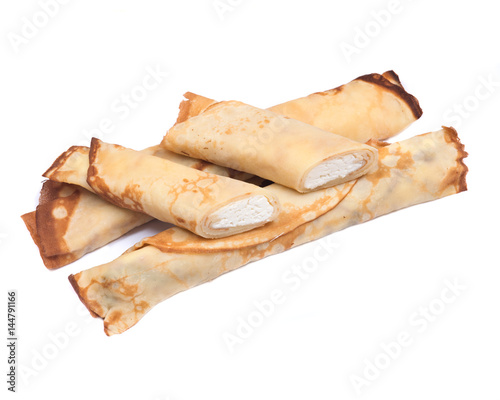 Delicious cheese blintz isolated on white background photo