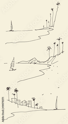 Set sketches seaside view beach vector sketch