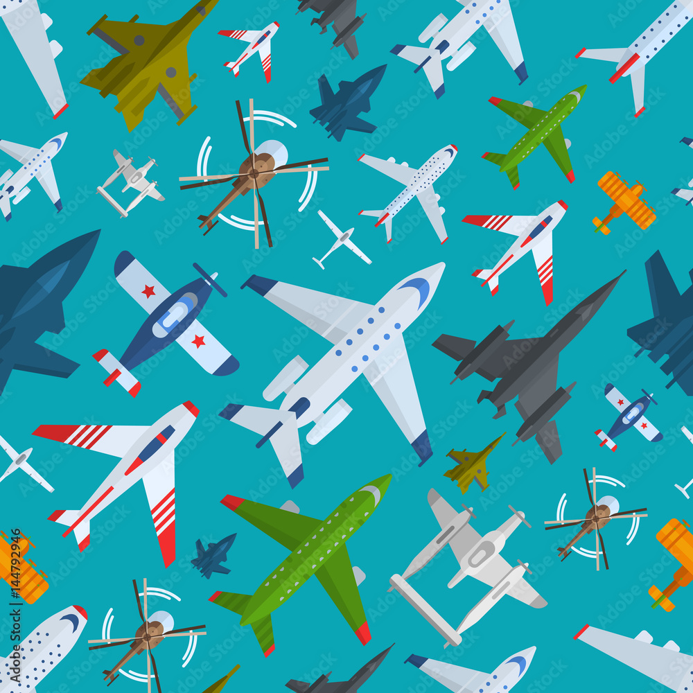 Aircraft plains top view vector illustration seamless pattern